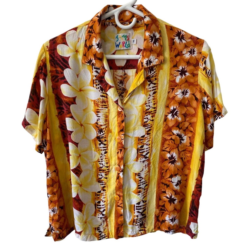 JAMS WORLD Vintage Women's Button Top Yellow Brown Plumeria Print Size Medium